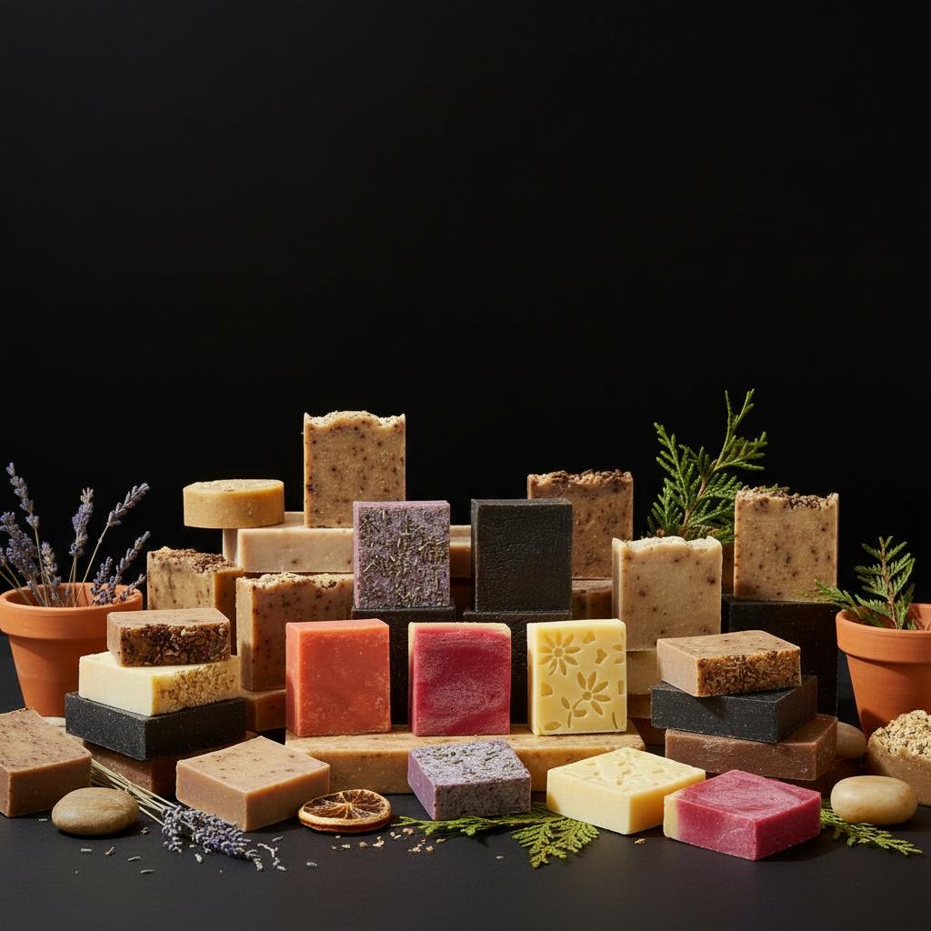 Natural soap bars on black background